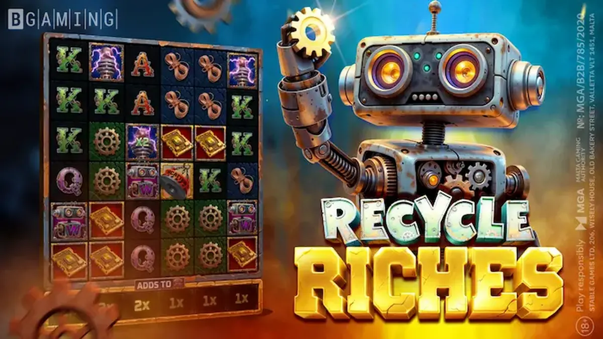 Interface futurista do slot Recycle Riches com elementos de ferro-velho e robô