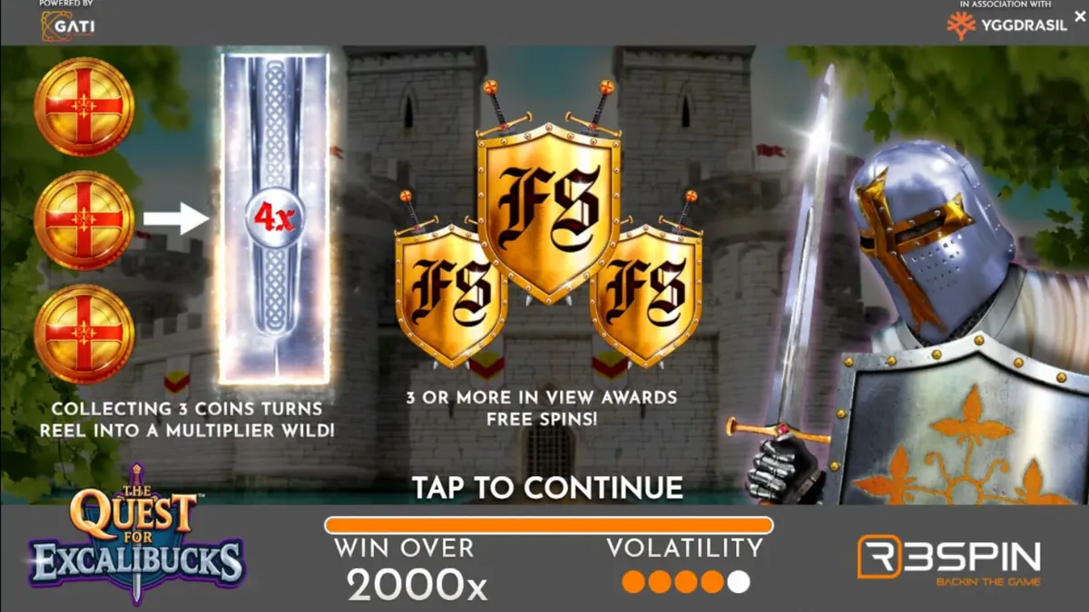 Cena medieval do slot The Quest for Excalibucks com cavaleiros e castelo