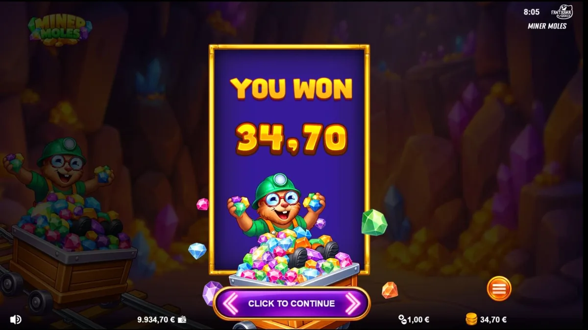 Interface do jogo Miner Moles com toupeiras mineradoras e cristais brilhantes