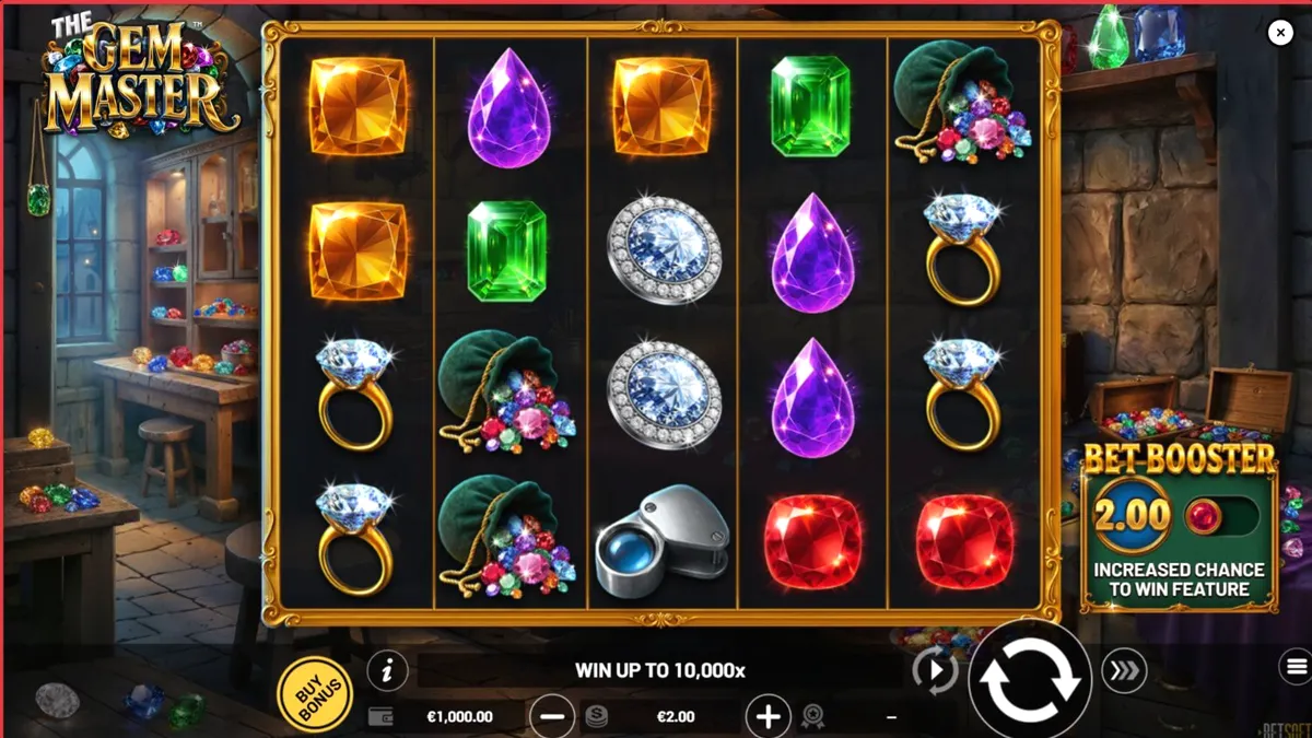 Interface do jogo de slot The Gem Master com gemas brilhantes e ferramentas de joalheiro